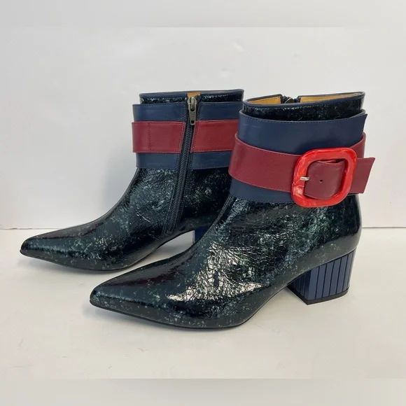 John Fluevog effortless Miranda Ankle Boots patent leather black heel sapphire 7